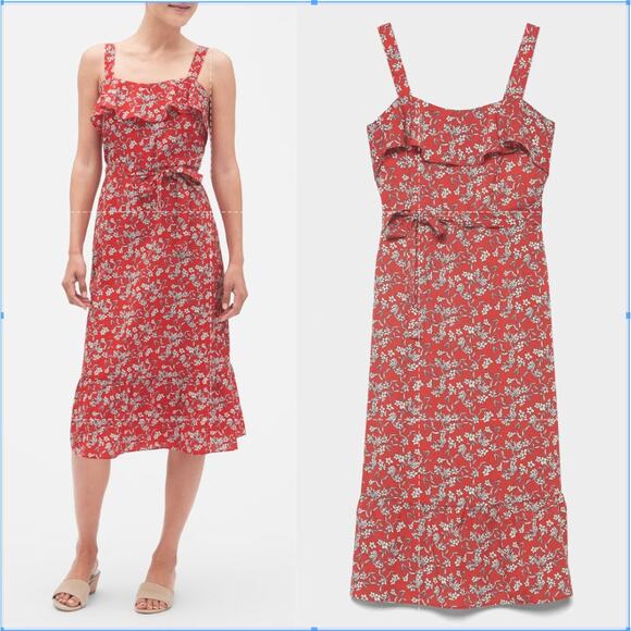 Banana Republic Red Floral Print Strappy Flounce Belted Midi Sundress Dress - Picture 1 of 9